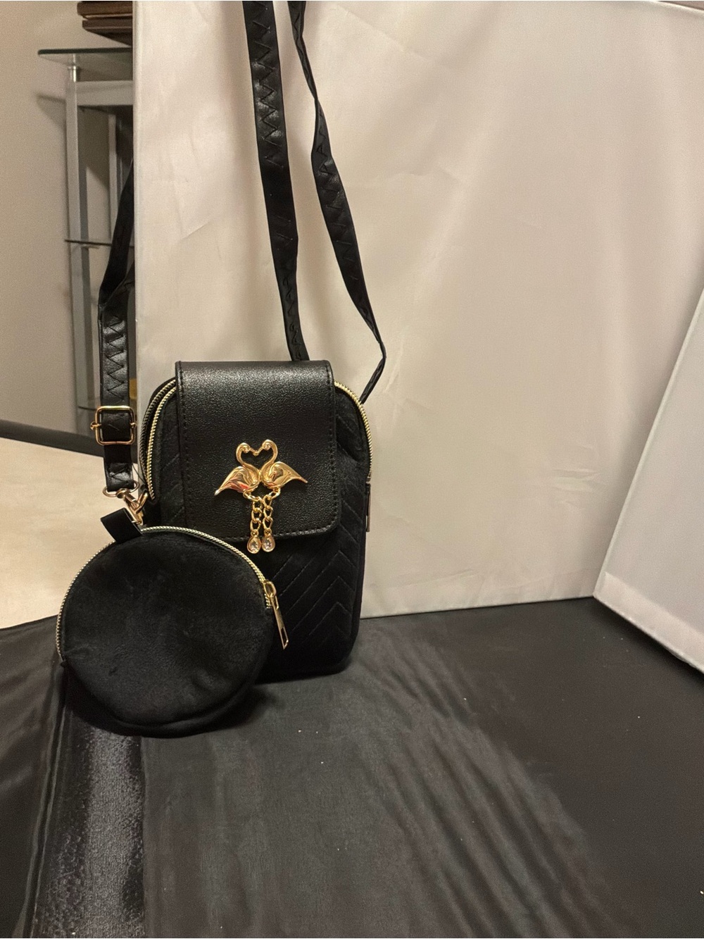 Elegant Black Crossbody Phone Bag with Gold Accent w coin purse - Picture 3 of 3